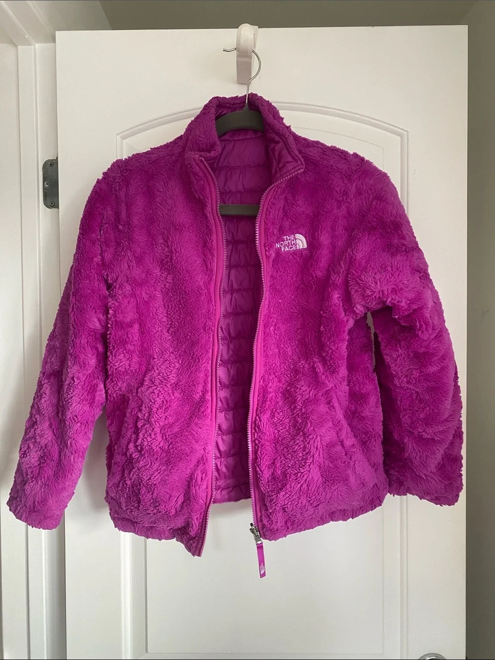 The North Face Girls' Reversible Mossbud Swirl Jacket Puffer Magenta L (14/16)